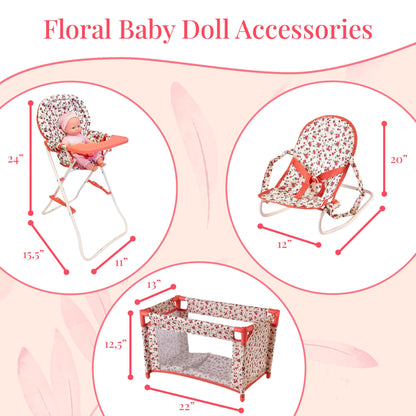 Floral Baby Doll Accessories Set, 3-1 Baby Doll Crib, Baby Doll High Chair & Bouncer Seat. 18 inch Doll Accessories with Doll Bed. 18" Dolls Furniture Play Stuff. Toys for Girls Ages 3-5,4-6,5-7,8-10