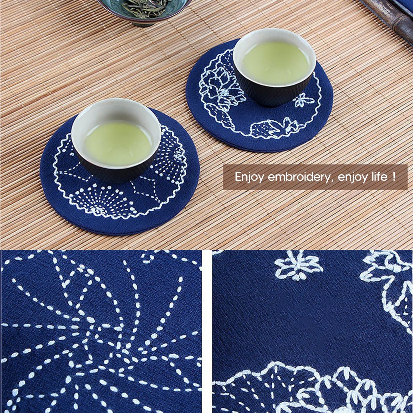 4 Set Sashiko Coasters DIY Kit with Pattern, Embroidery Starter Kit with Instructions for Beginners, Sashiko Kit, Round Sashiko Embroidery Coasters for Tea Table Home Decoration Housewarming Gift
