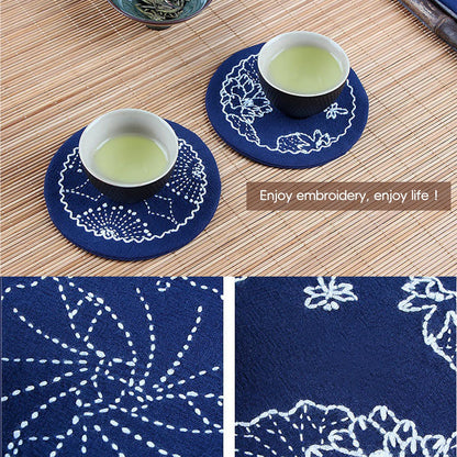 4 Set Sashiko Coasters DIY Kit with Pattern, Embroidery Starter Kit with Instructions for Beginners, Sashiko Kit, Round Sashiko Embroidery Coasters for Tea Table Home Decoration Housewarming Gift