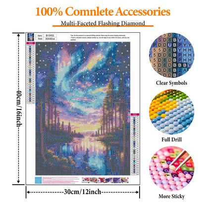 Offito Starry Sky Diamond Art Kits for Adults, 5D Aurora Lake Diamond Painting Kits for Beginners, Fantastic Landscapes DIY Full Drill Dots Gem Art Paint for Home Wall Decor 12 x 16 Inch