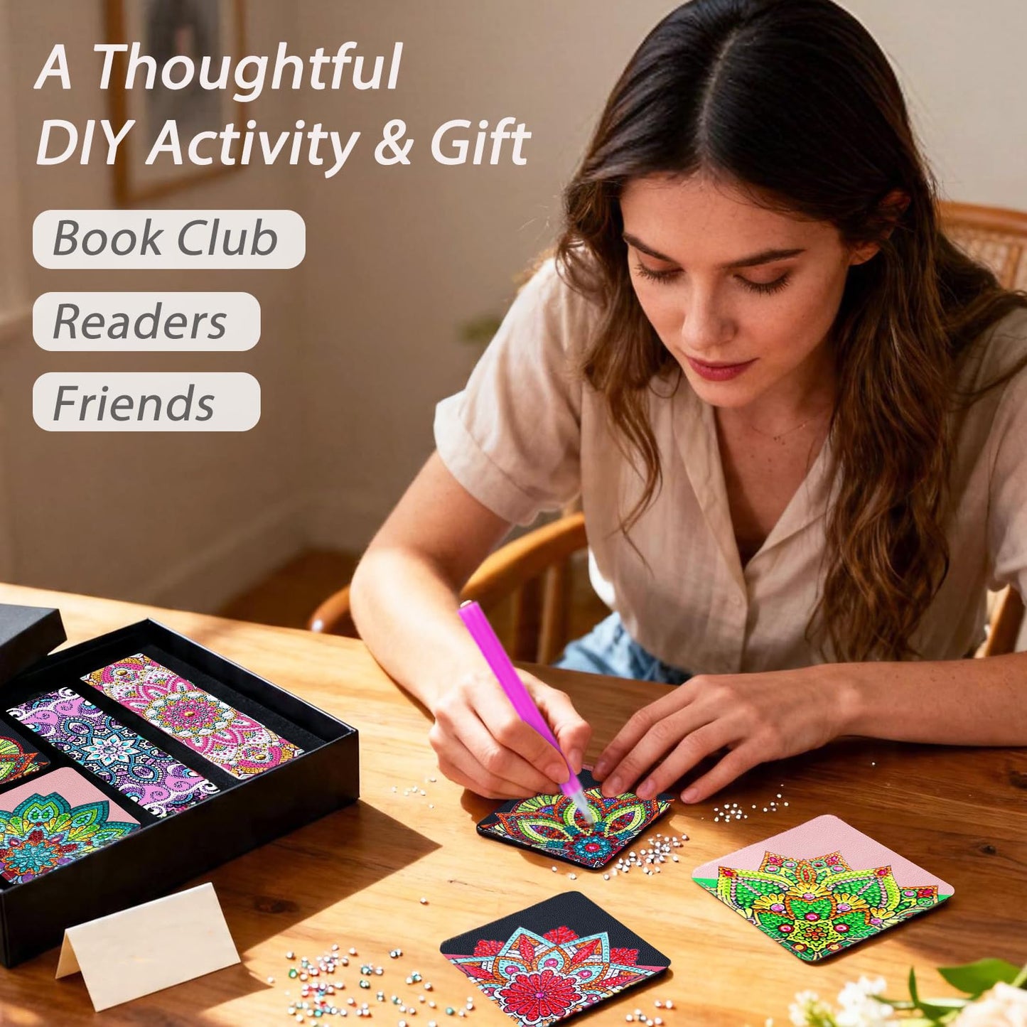 Diamond Painting Bookmark Bead Art Leather Book Mark Craft Making Kit for Adults Night Rhinestone Craft Party DIY Bedazzling Art Bookmark Paint by Gem Dots Crafts Mother’s Day Women Gift (Black Heart)