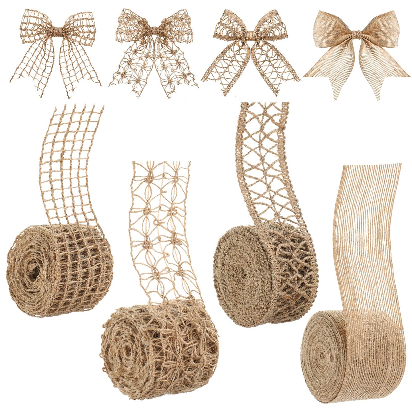 4 Rolls Burlap Ribbon Wired Natural Jute Burlap Lace 1.6-2 Inch x 16.4 Yard Wrapping Ribbon for Crafts, Big Bows, Wedding Gift Wrapping, Rustic Outdoor Decoration, Wreath, Holiday Party DIY Home Decor
