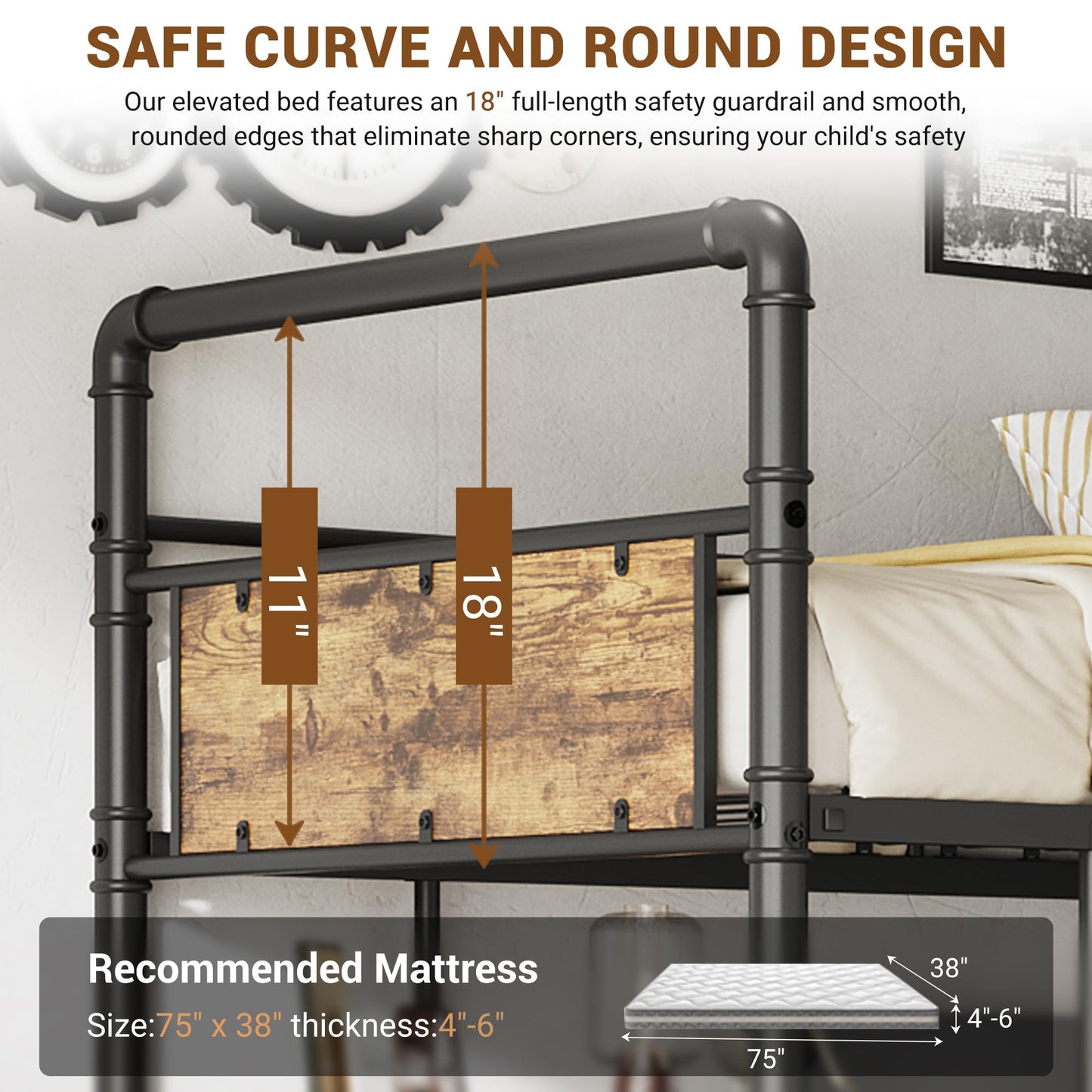 IDEALHOUSE Loft Bed Twin Size with l-Shaped Desk, Metal Bunk Bed with 2 Open Shelves and Decorative Mesh, Twin Loft Bed with 13.4" h Safety Guard & Ladder,No Box Spring Needed,Brown