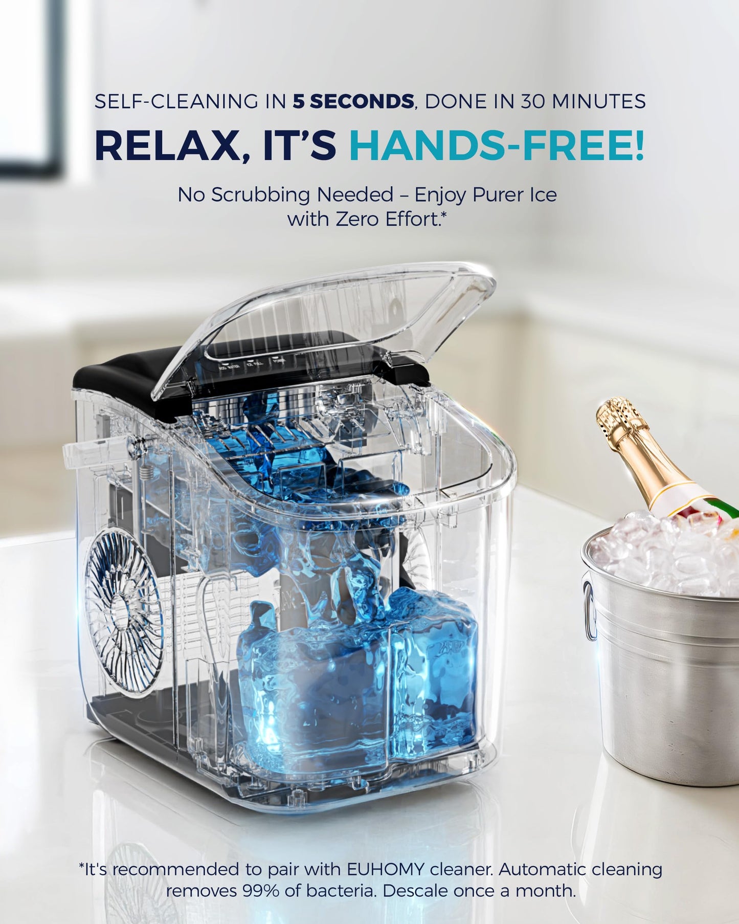 EUHOMY Countertop Ice Maker Machine with Handle, 26lbs in 24Hrs, 9 Ice Cubes Ready in 6 Mins, Auto-Cleaning Portable Ice Maker with Basket and Scoop, for Home/Kitchen/Camping/RV. (Black)