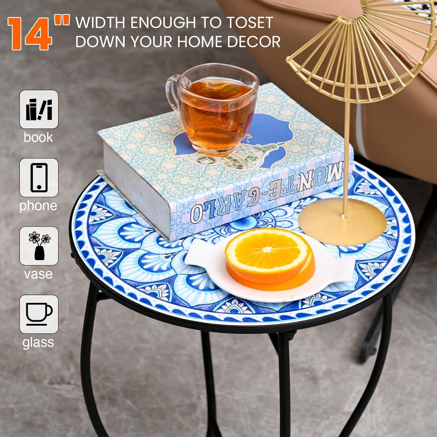 Aonagi 14 17 Round Side Table, Indoor Outdoor Small Side Table, Weather Resistant Black Metal Side Table for Livingroom