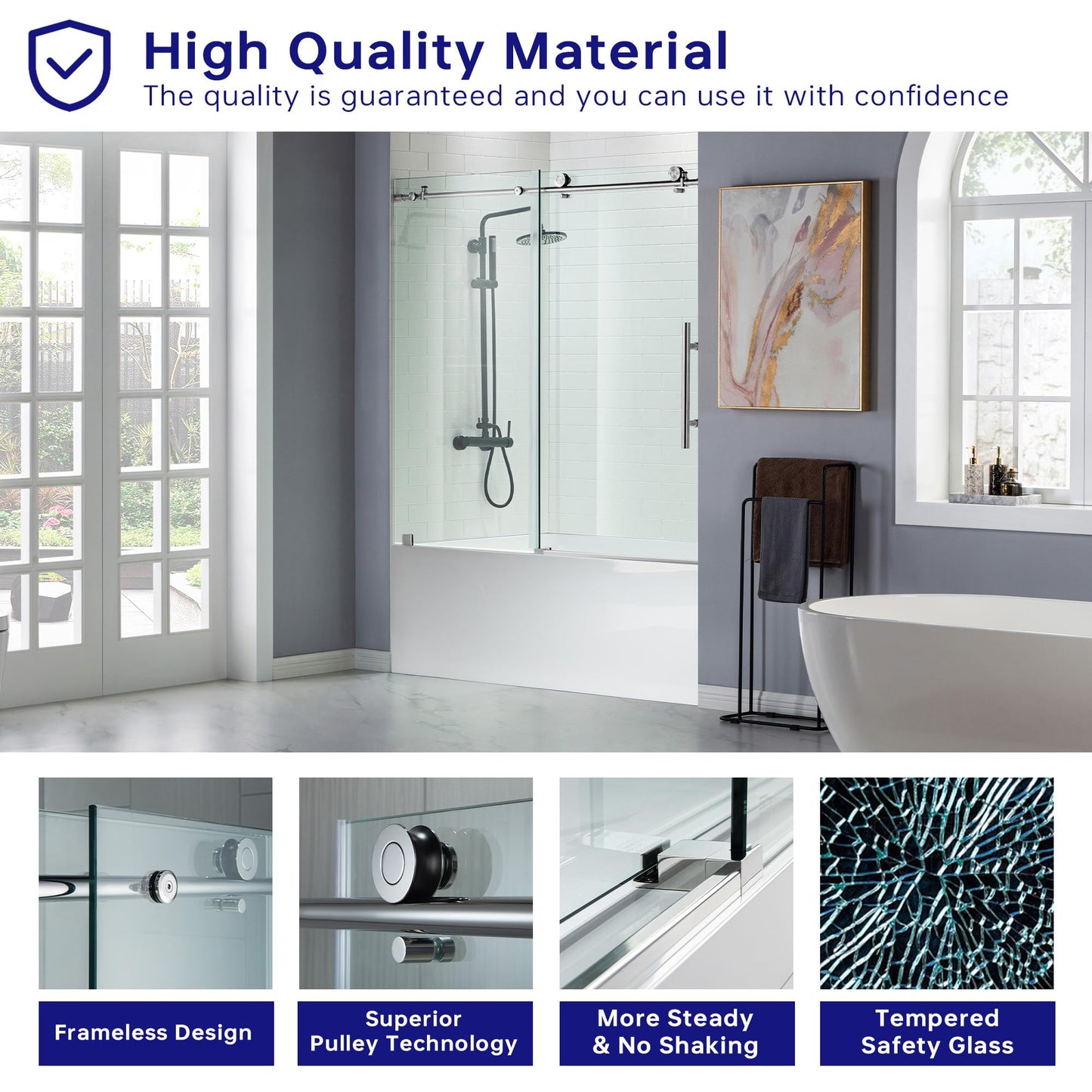 WOODBRIDGE MBSDC 6062-C Frameless Bathtub Shower Doors 56-60" Width x 62" Height with 3/8"(10mm) Clear Tempered Glass in Polished Chrome Finish