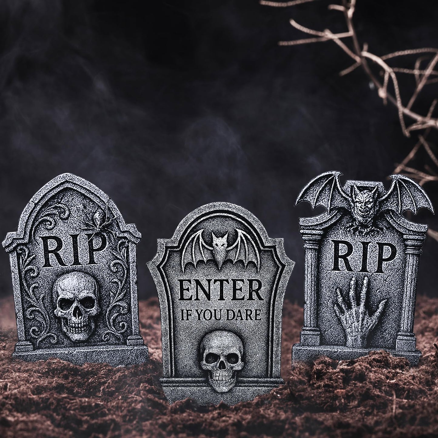 6 Pack Halloween Yard Signs Tombstone Set – 15 x 10 Inch Large Plastic Graveyard Decorations with Stakes, RIP Skull and Skeleton Tombstones for Lawn, Outdoor Haunted House and Party Decor