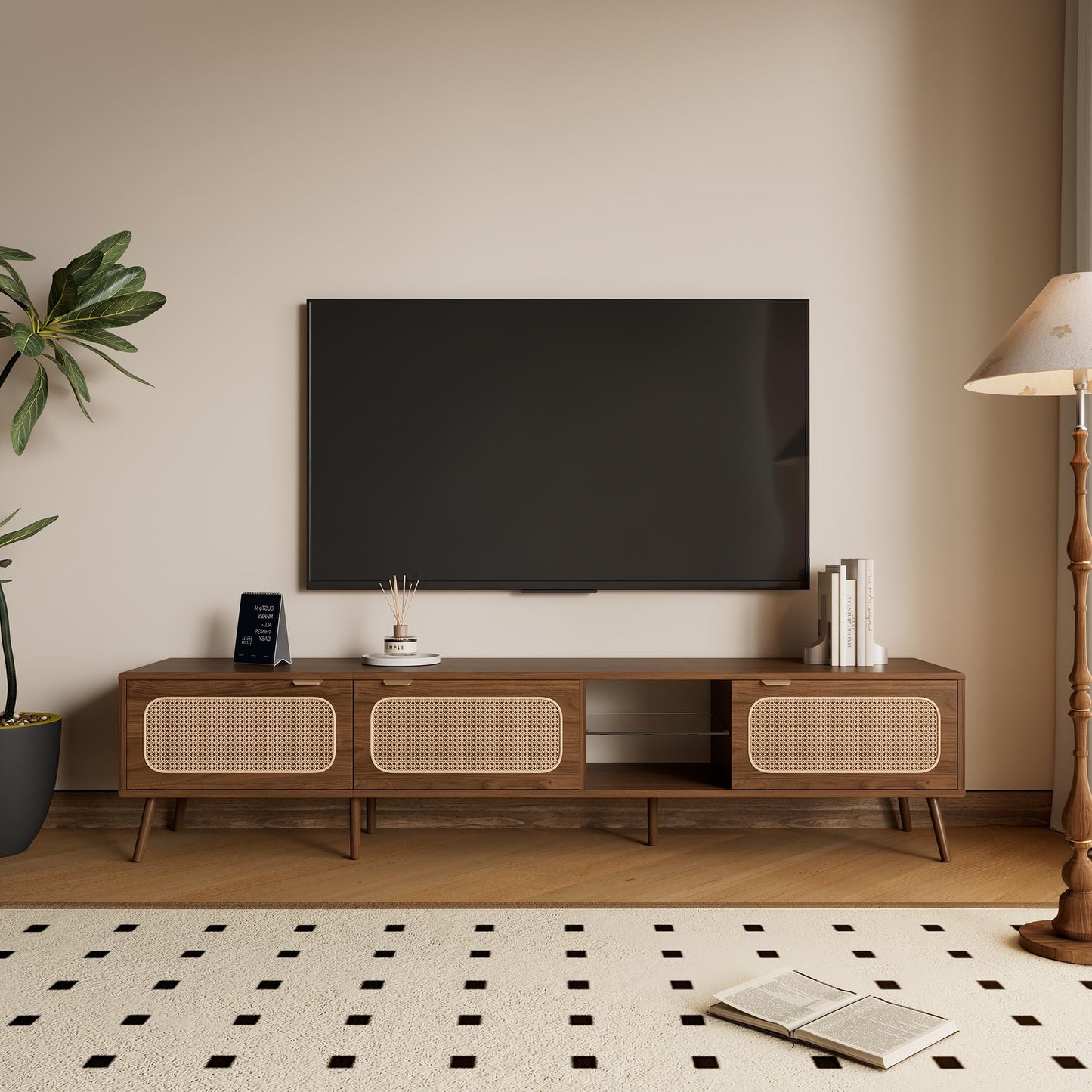 Merax 78 Inch TV Stand for Tvs up to 85", Mid Century Modern Entertainment Center with Storage, Solid Wood Media Console TV Cabinet Table with 3 Rattan-Front Drawer for Living Room