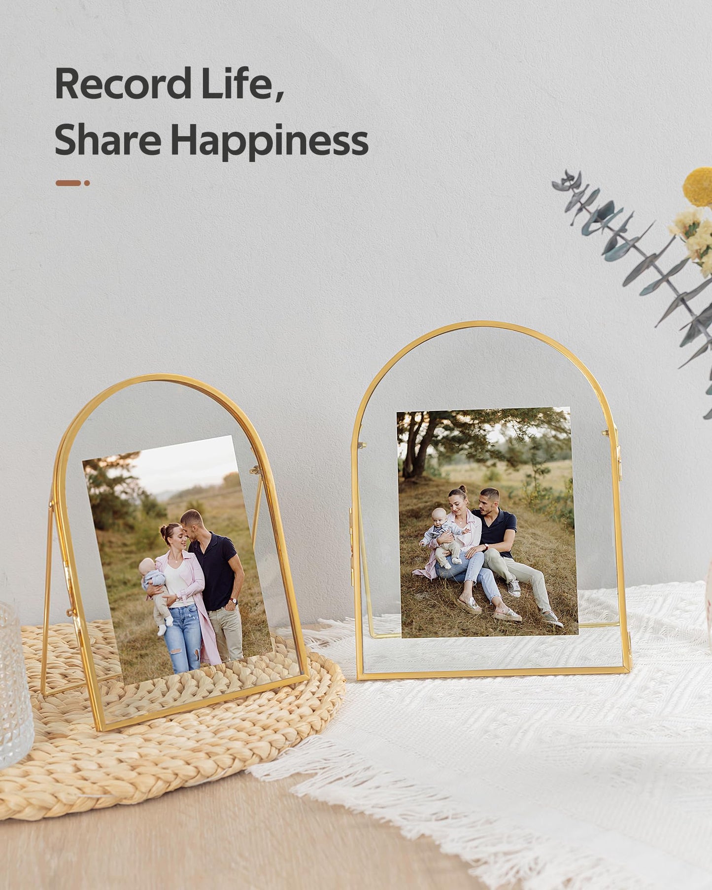 Jajamy Set of 3 Gold Floating Picture Frame, 4x6, 5x7, 6x8 Arched Glass Floating Frames, Vintage Brass Gold Picture Frame for Artwork Photos Tabletop Display