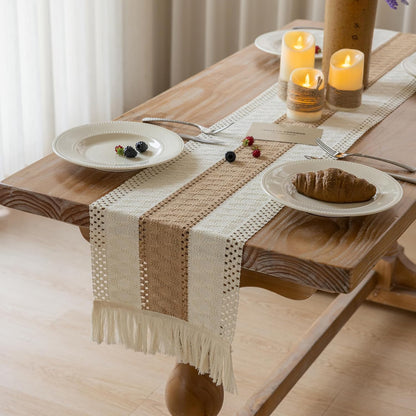 12x60 Inches Keketoarrange Boho Table Runner Cream Beige Brown for Home Decor Farmhouse Small Macrame Woven Burlap