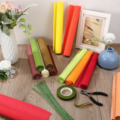 Leinuosen 115 Pcs Crepe Paper Flower DIY Kits 12 Rolls 10 x 98 Inch Crepe Paper Rolls Sheets 100 Floral Iron Wire 1 Wire Cutter 2 Tapes for Birthday Party Wedding Wreath Flower Making(Autumn Colors)