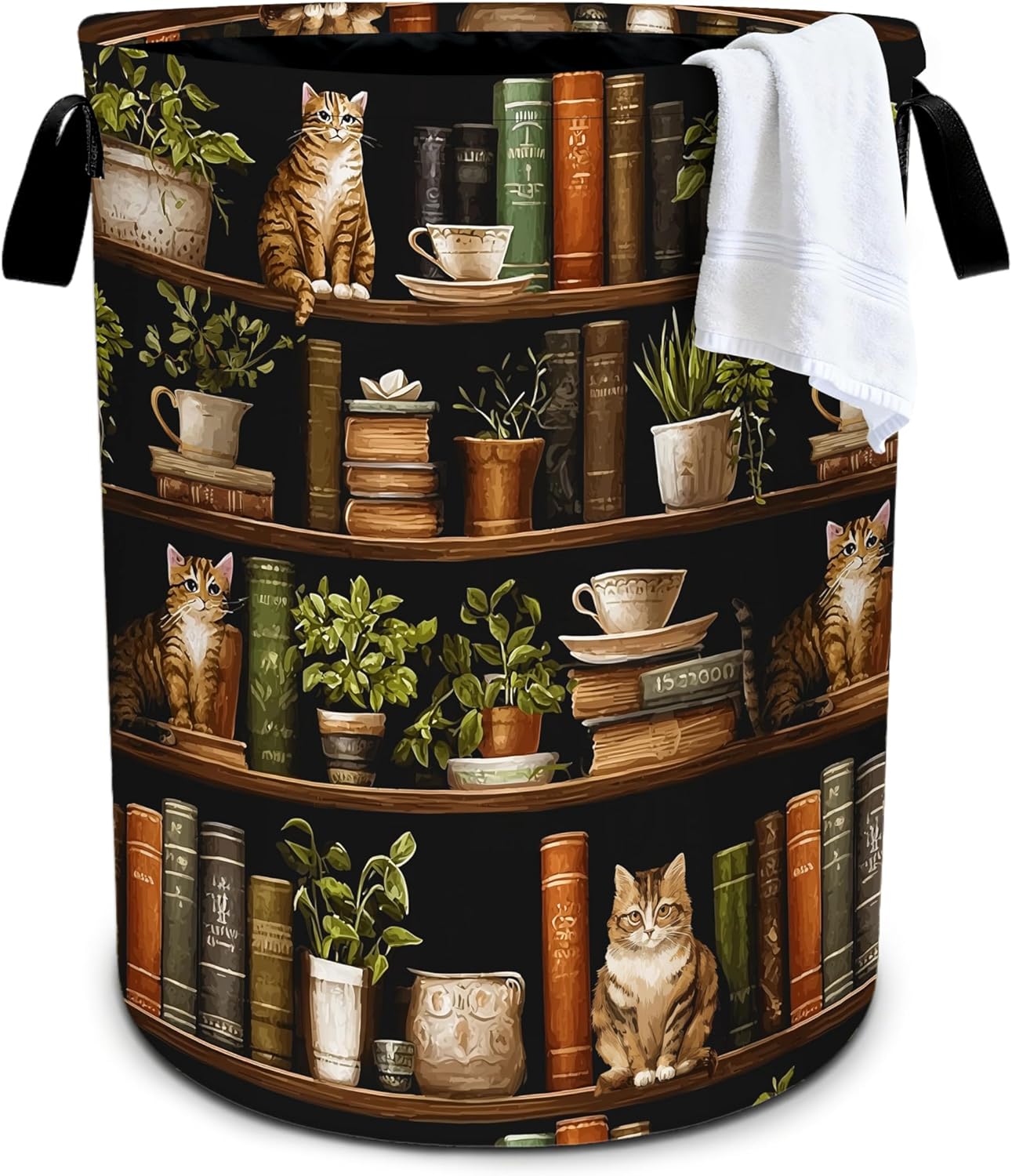19.6x15.7 Inch Wooden Bookshelf Cat Laundry Basket Storage Bin Foldable Laundry Hamper Clothes Storage Bucket Organizer