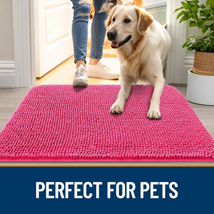 OLANLY Dog Door Mat - Absorbent Non-Slip Washable Chenille Mat for Muddy Paws | 34x21 Hot Pink