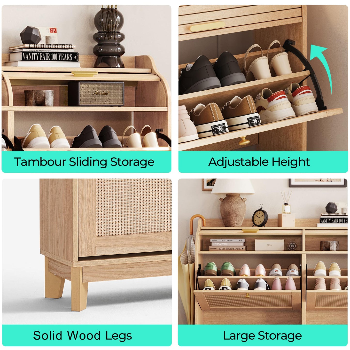 LINSY Shoe Storage Cabinet, Rattan Shoe Cabinet Wood Shoes Rack Cabinets with Sliding Tambour Door, Large Flip Drawer Shoe Cabinet Boho Hidden Shoe Storage for Entryway, Front Door, Hallway, Oak