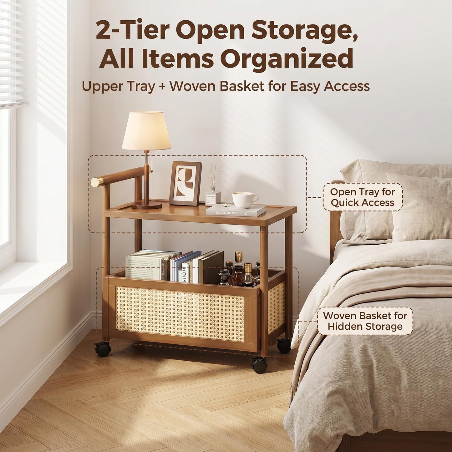 CTESNE【2-Tier Wooden Storage Organizer Shelf】 Bookcase with Wheels & Handle,Storage Shelves for Bathroom, Kitchen, Office, Craft, Makeup