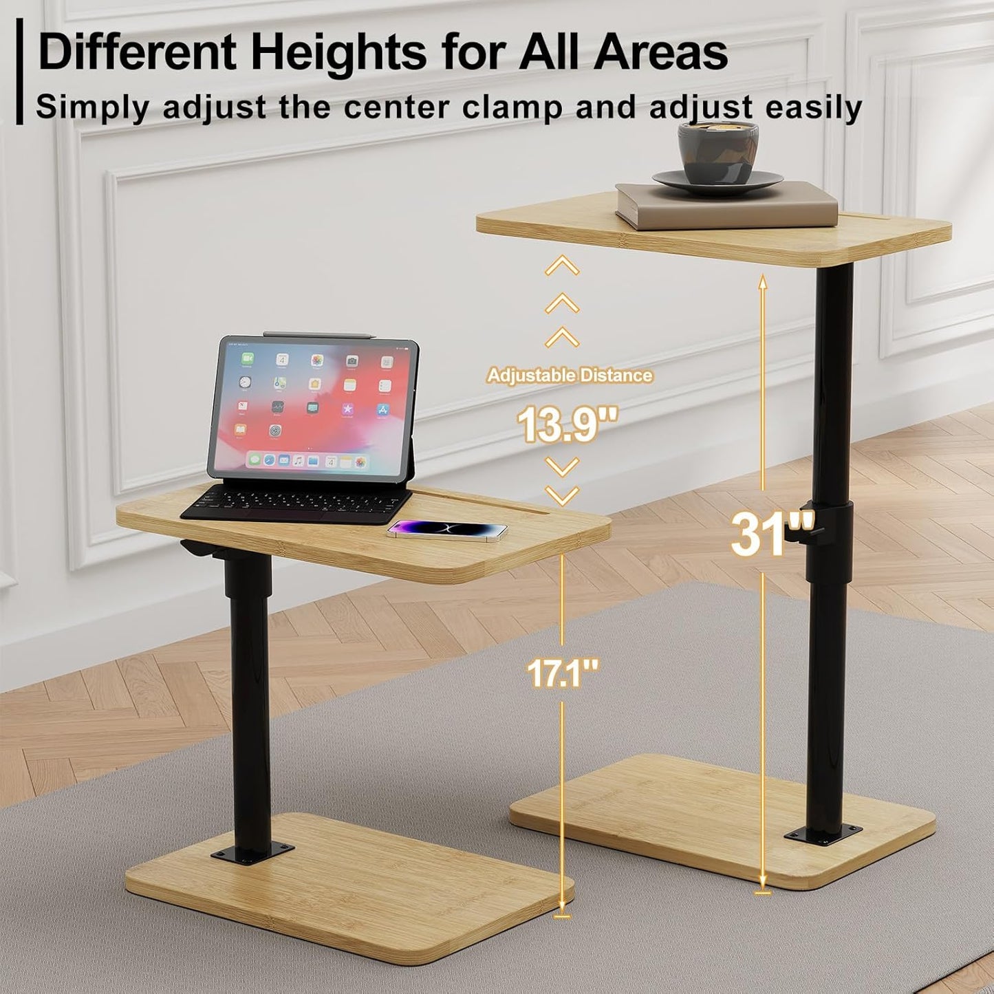 2Pcs 360 (2PCS, Sofa Armrest Tray Table - Bamboo Swivel TV Trays - Height Adjustable Side Table for Bed or Chair