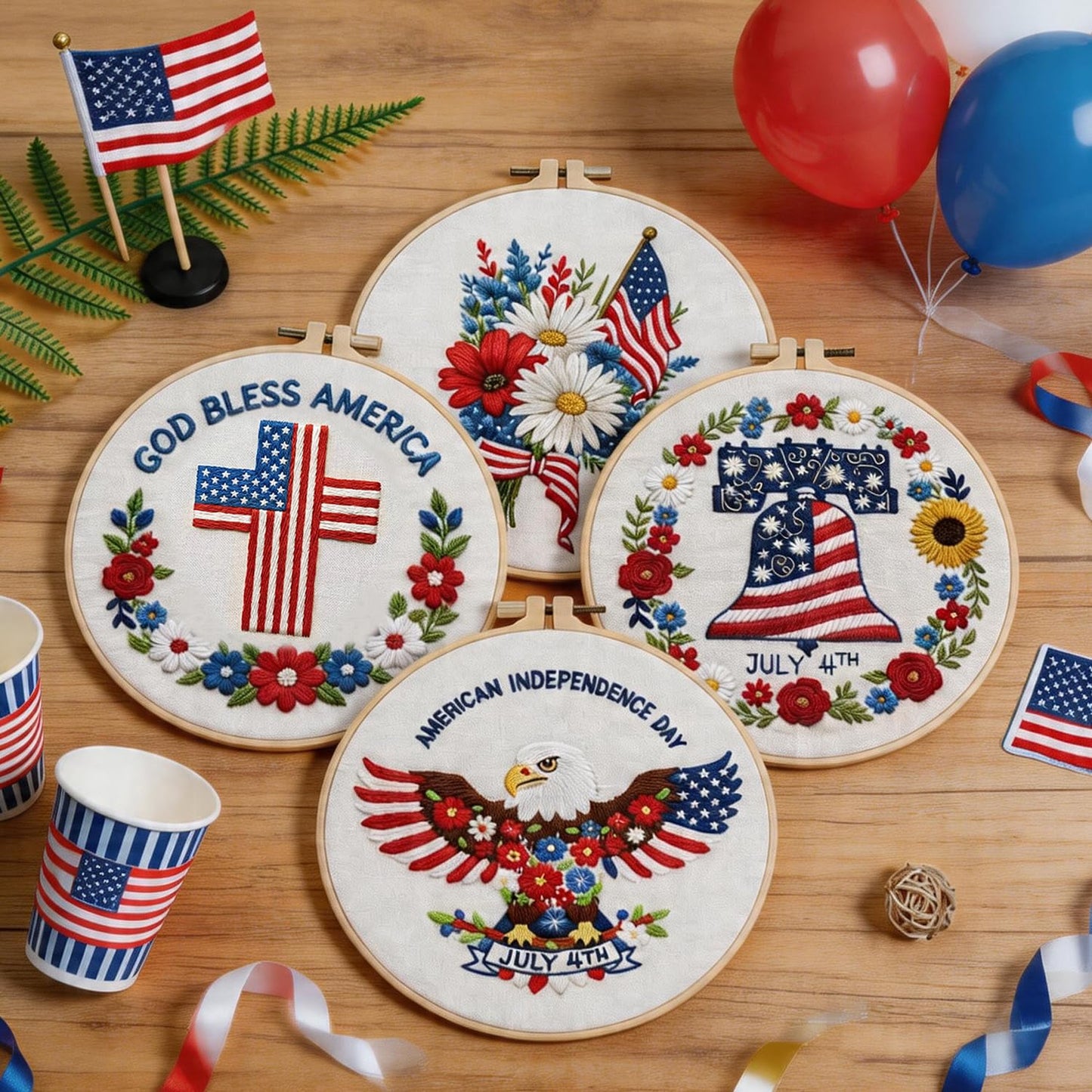 BBLYBD 4th of July Embroidery Kit, 4 Set Patriotic Cross Stitch Craft Kits for Beginners with Pre-Printed Embroidery Fabric, Hoops, Step-by-Step Instructions, Color Threads & Needles (Red White Blue)