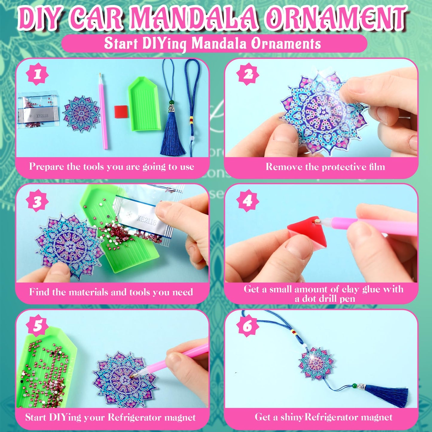 JenPen 12 Pcs Diamond Painting Car Ornaments Diamond Art Ornament for Car Double Sided Painting Hanging Ornament Crystal Gem Garden Decoration Paint DIY Kit(Mandala)