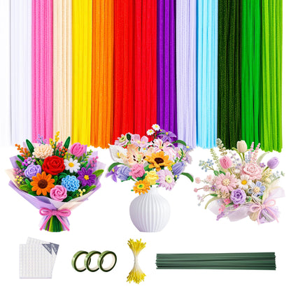 POMBUDS 572 PCS Pipe Cleaners Flower Kit, 13 Colors Chenille Stems with Floral Wires, Stamen, Tapes, Dot Glue, Instruction & White Box – DIY Craft Set for Handmade Bouquets