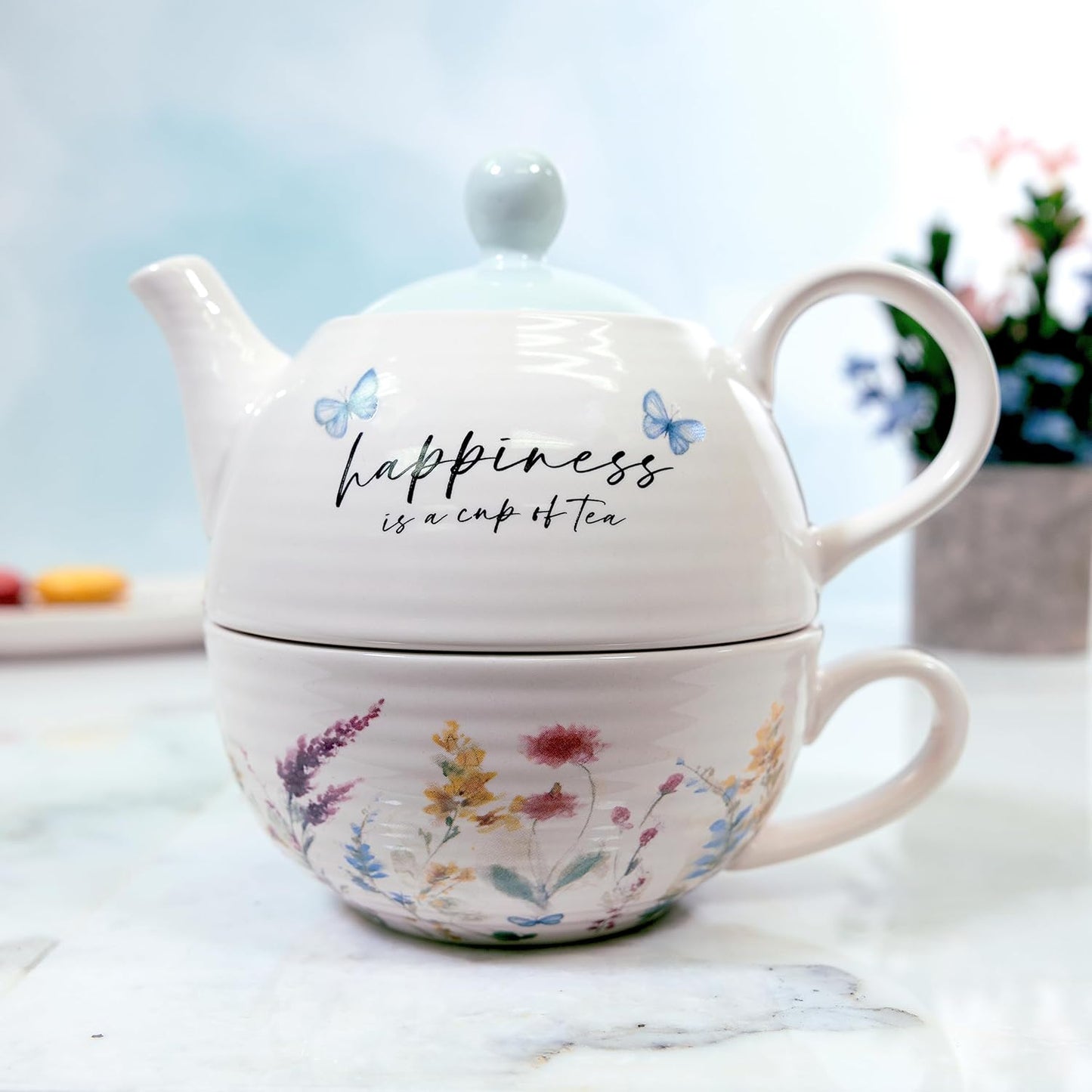 14.5 oz Set, Set, Summer 1 Count, Pavilion Gift Company - Happiness Ceramic Teapot and Tea Cup Watercolor Floral Tea
