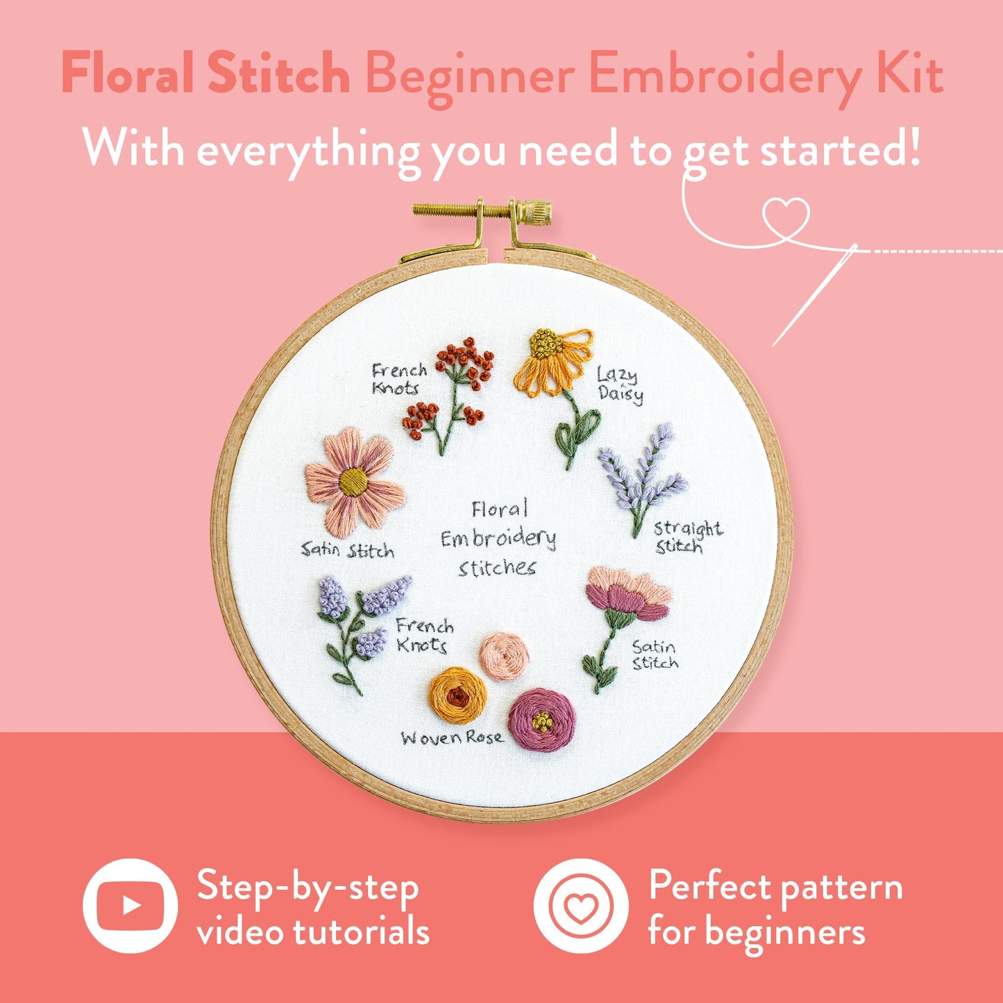 Clever Poppy Floral Stitch Sampler Beginner Embroidery Kit – Easy Embroidery Kit for Beginners with Hoop, Thread & Patterns – Hand Embroidery Kit for Adults and Teens – Complete Embroidery Starter Kit