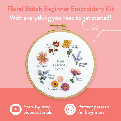 Clever Poppy Floral Stitch Sampler Beginner Embroidery Kit – Easy Embroidery Kit for Beginners with Hoop, Thread & Patterns – Hand Embroidery Kit for Adults and Teens – Complete Embroidery Starter Kit