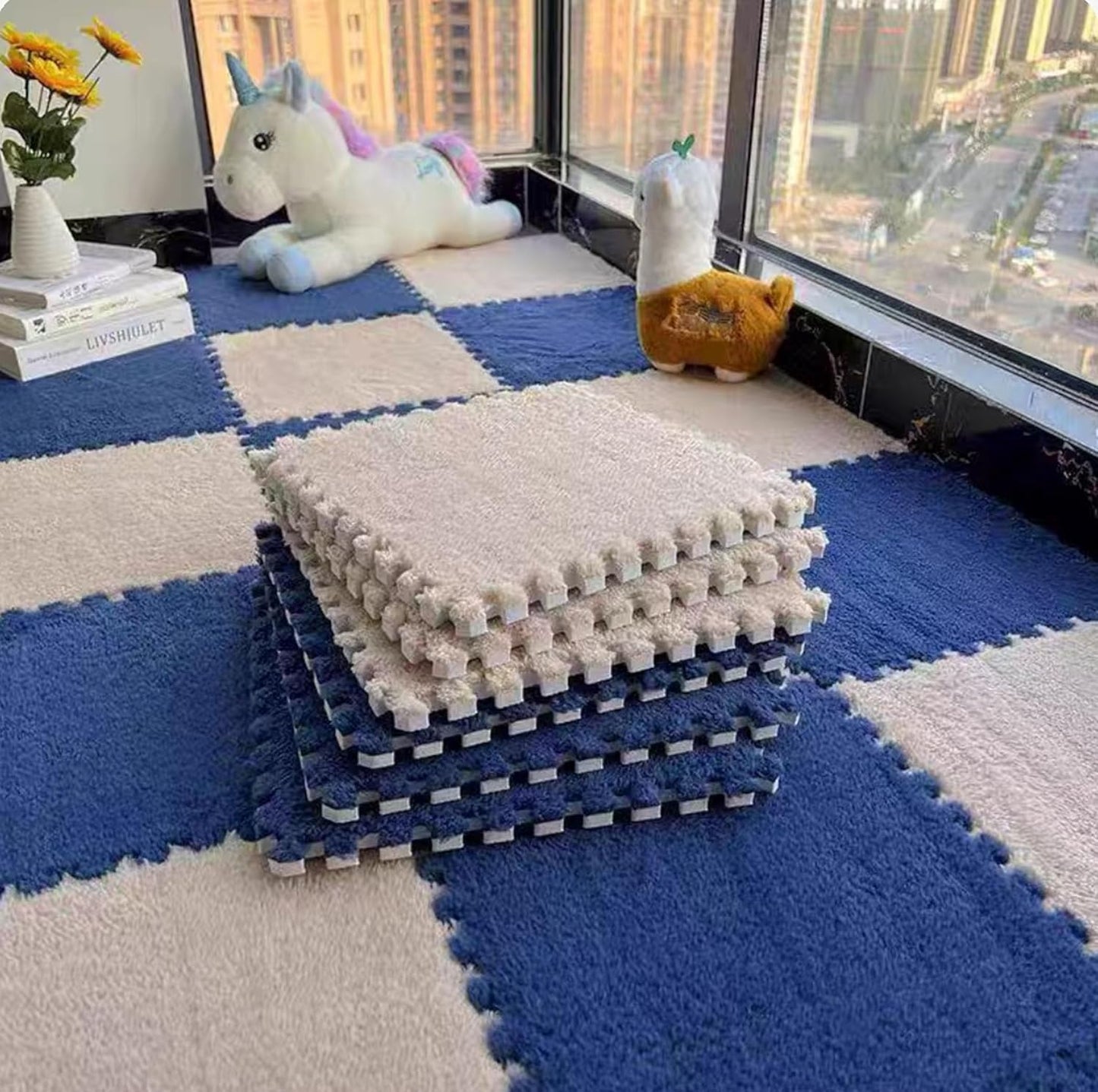 12 49" 37" 12 Pcs Kids Foam Interlocking Carpet Tiles with Border, Thick Carpet Squares Plush Floor Playmats Baby