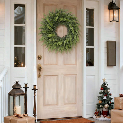 24" Soft Textured Christmas Cedar Wreath - Artificial Cedar Wreaths Faux Green Fake Pine Needles Wreath for Front Door, Wall, Windows, Home,Outdoor,Xmas Decor