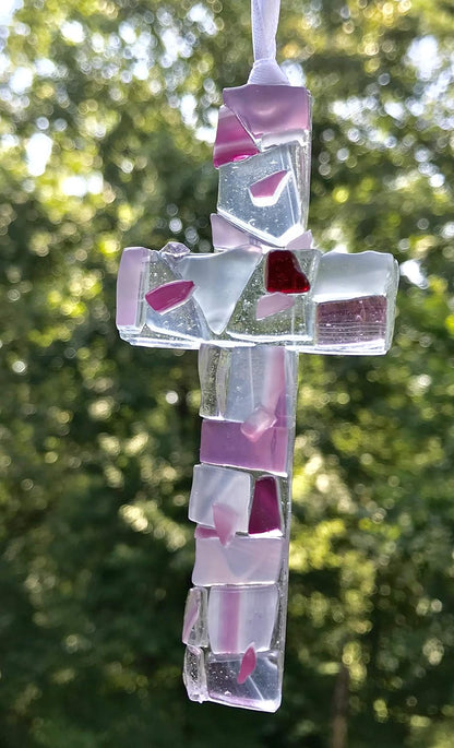 First Communion Gift for Girl, Handmade in USA Pink Mosaic Glass Cross with Sentiment