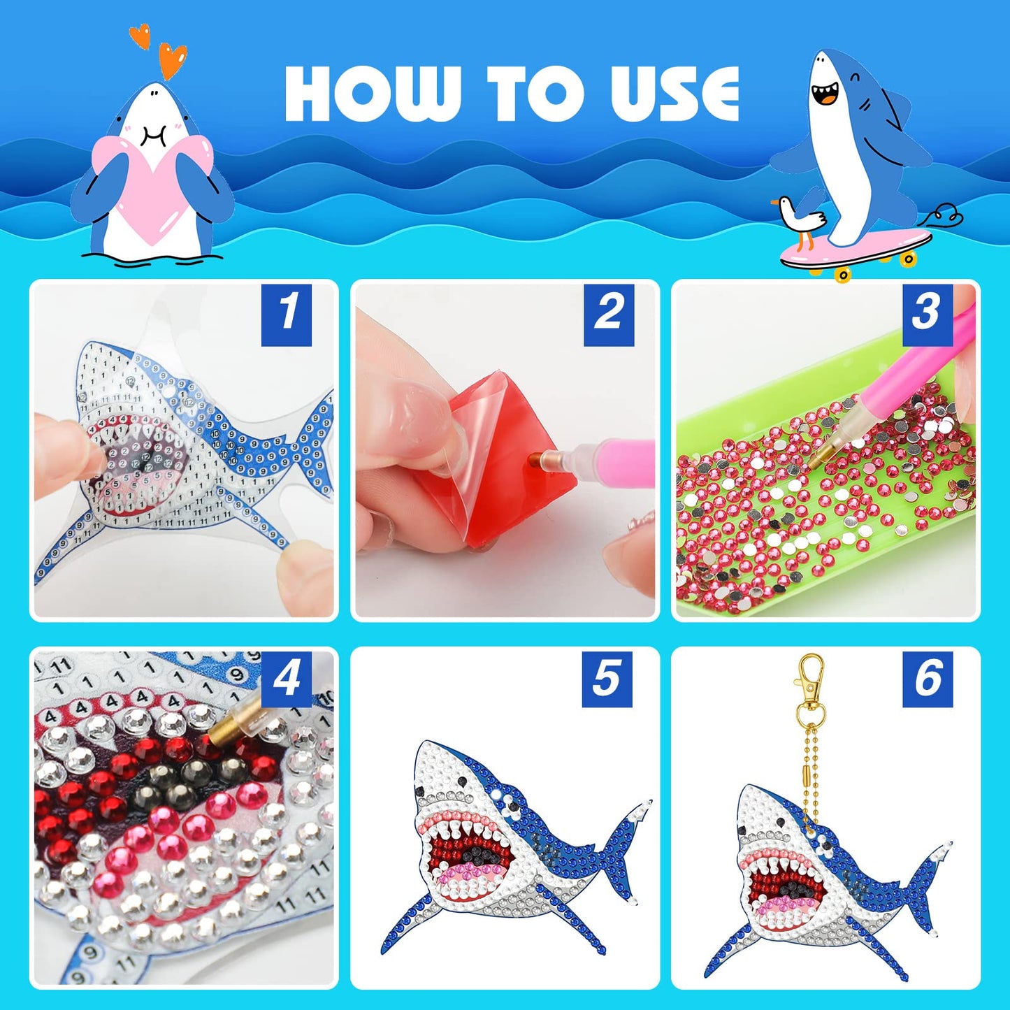 Henoyso 15 Pcs 5D Diamond Painting Keychains DIY Shark Diamond Art Keychain Kit for Kids Boys Girls Adult Mosaic Full Drill Pendant Phone Charm Bag Pendant Accessory Arts Crafts