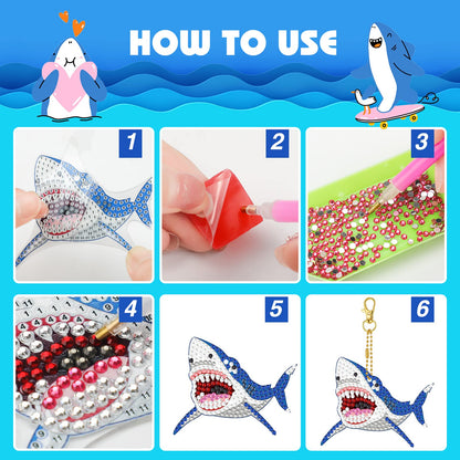Henoyso 15 Pcs 5D Diamond Painting Keychains DIY Shark Diamond Art Keychain Kit for Kids Boys Girls Adult Mosaic Full Drill Pendant Phone Charm Bag Pendant Accessory Arts Crafts