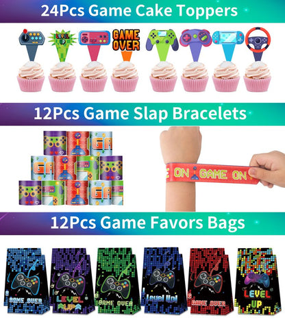 PLOUGVI 320PCS Video Game Party Favors for Kids-Including Goodie Bags, Glasses, Straws, Bubble Wands, Stickers, Cake Toppers, Tattoos & More-Perfect for Theme Party Decorations & Piñata Fillers