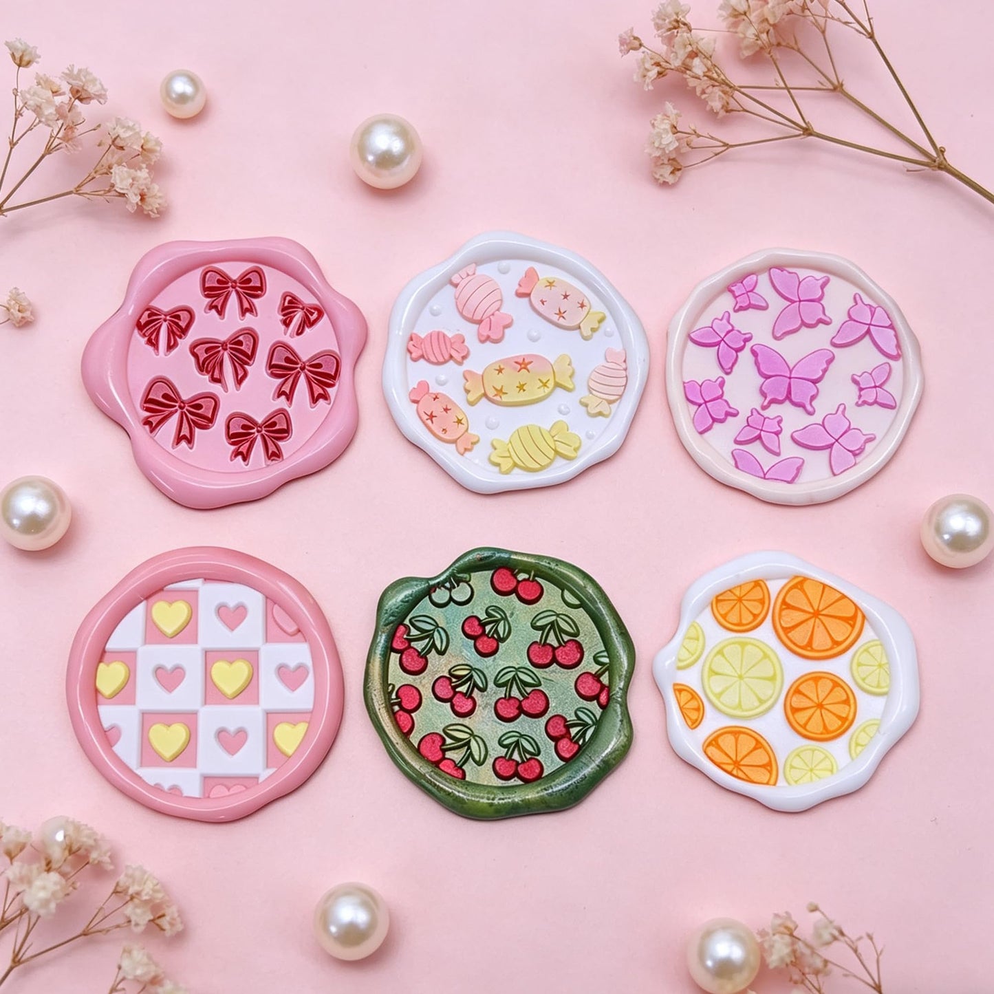 DBEFTLI 6-Piece Cute Wax Seal Stamp Set – Full-Coverage Pattern Collection with Solid Brass Heads & Wooden Handle – Kawaii Candy Cherry Butterfly Designs for Cards, Envelopes & DIY Crafts