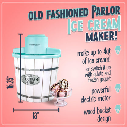 Nostalgia Electric Ice Cream Maker - Old Fashioned Soft Serve Ice Cream Machine Makes Frozen Yogurt or Gelato in Minutes - Fun Kitchen Appliance - Vintage Wooden Style - Light Wood - 4 Quart