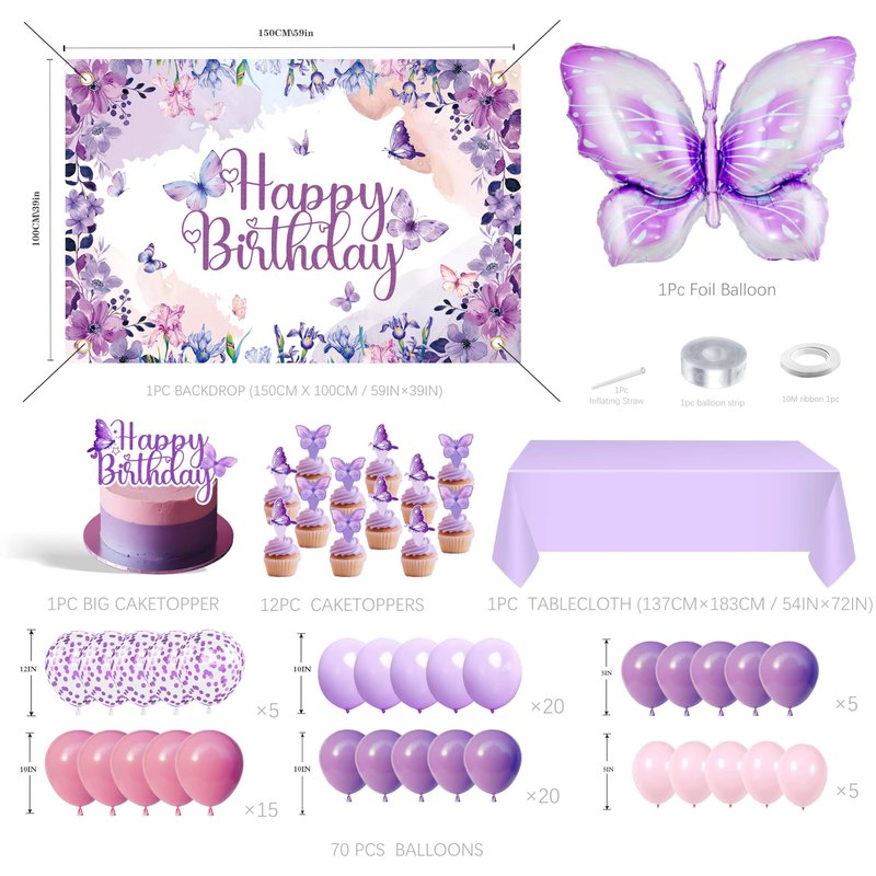Purple Butterfly Birthday Decorations Balloon Arch Kit - Glitter Butterfly Party Supplies with Garland, Backdrop, Centerpieces for Women Girls Birthday Party Decor