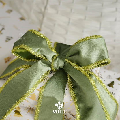 MEEDEE Moss Green Velvet Gold Tinsel Edge Ribbon 2.5 Inch Christmas Metallic 10 Yards Spool for Tree, Garlands, Wreaths, Bows, Tree Toppers, Crafts