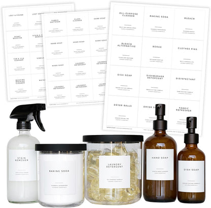 Clean-Modern White Bathroom Labels, Laundry & Cleaning Labels by Paper & Pear, Set of 36 Waterproof Labels