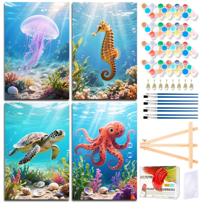 Muzagroo Art 4 Pcs Paint by Numbers Kits for Adults Framed Canvas with Wooden Easel DIY Sea Turtle Acrylic Oil Paintings Kits Paint by Numbers on Canvas Wall Art (8x12 inch)