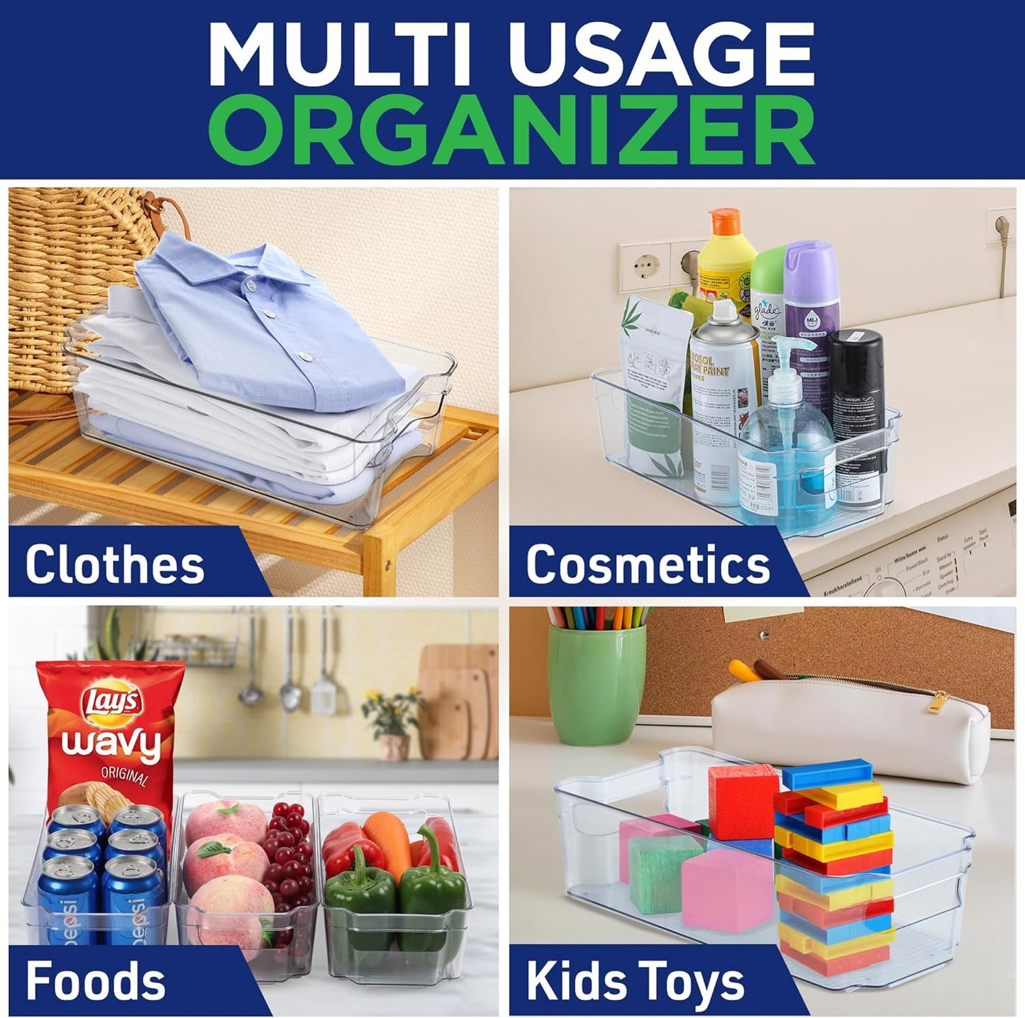 Stackable Clear Pantry Organizers and Storage Bins - 4 Pack for Kitchen Organization, Freezer Storage