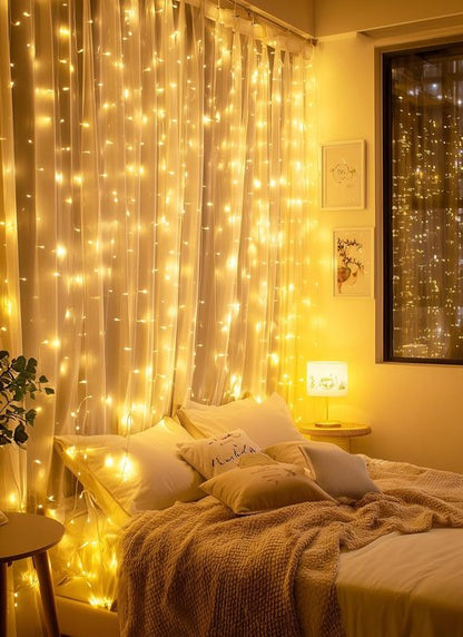 Brightown 300 LED Fairy Curtain Lights - 9.8ft x 9.8ft String Lights with Remote | USB Plug, 8 Lighting Modes, Warm White - 2 Pack