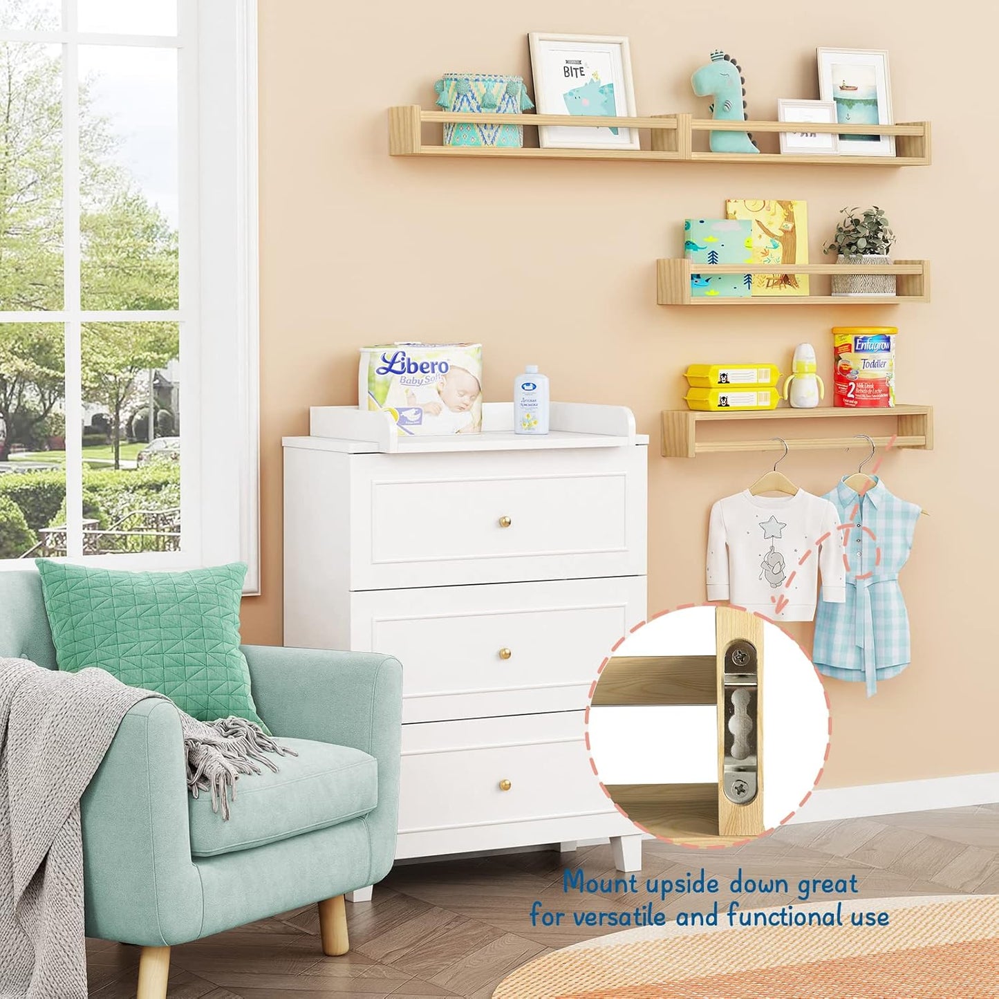 24 Inches (4-Pack) Forbena Natural Wood Nursery Bookshelves for Wall, Long Floating Book Shelves, Wall Mounted Bookcase