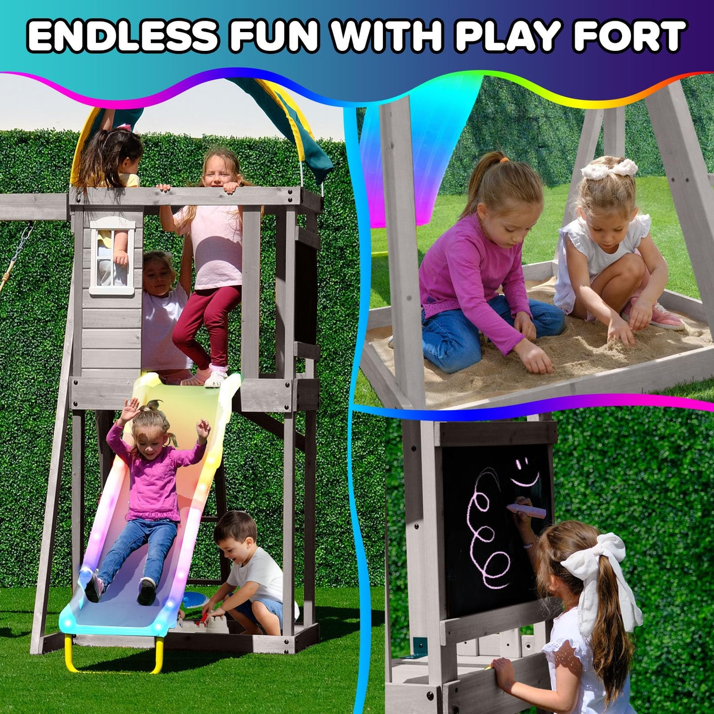 Sportspower Amelia Galaxy Cedar Wooden Swing Set for Night Play with 2 LED Swings, Play Fort with Sandbox, Heavy Duty Double A-Frame, on 6ft LED Slide, Bonus Anchor Kit