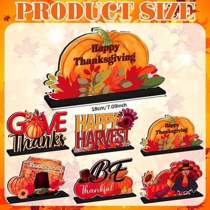 CroBlissful 6 Pcs Thanksgiving Wooden Table Decorations Happy Harvest Party Supplies Thanksgiving Turkey Pumpkin Table Centerpieces for Home Indoor Give Thanks Be Thankful Holiday Party Decor