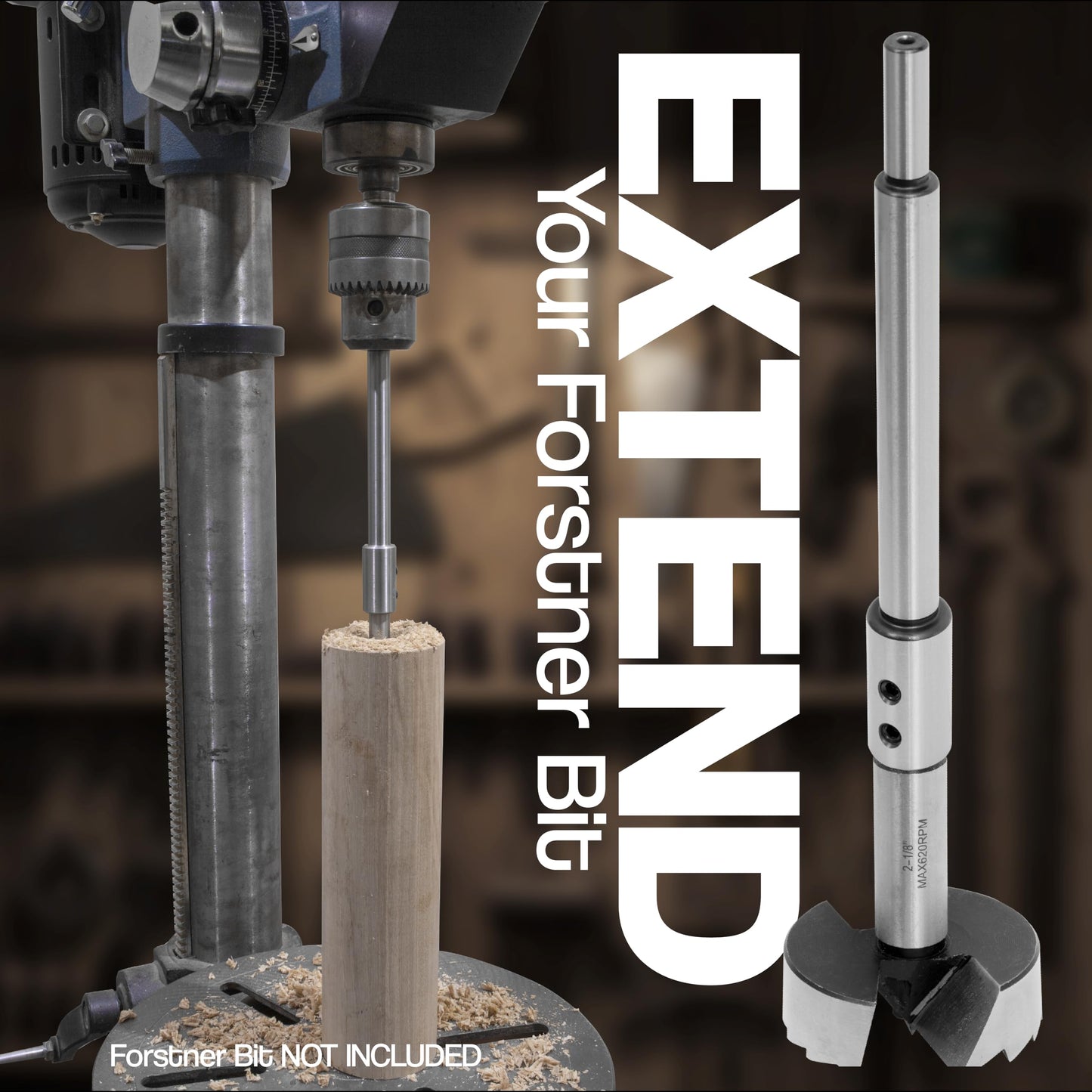 Fulton 6 inch Long Forstner Bit Extension for Adding Over 5-5/8 inches of Drilling Depth to Your Forstner Bit. for Wood Turners, Furniture, Carpentry and Construction