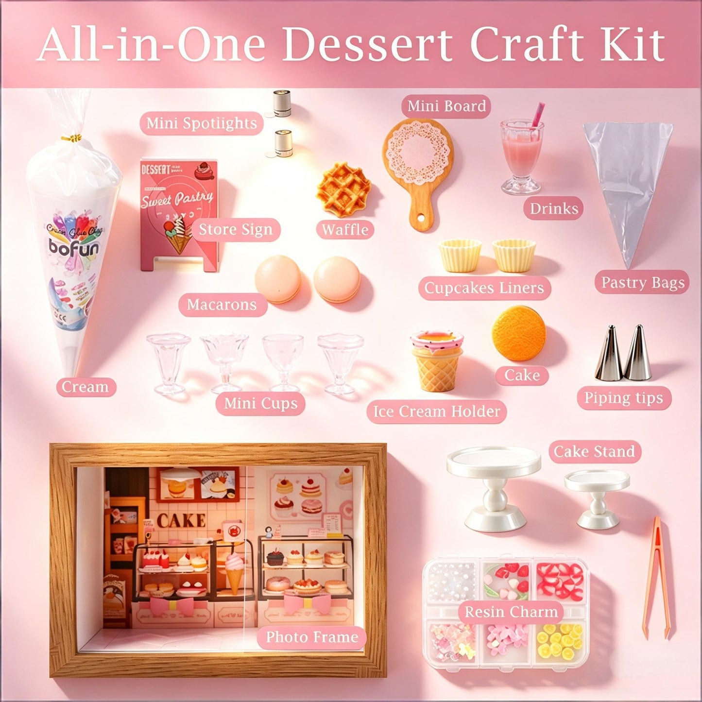 BoFUN Miniature Dessert Craft Kit, DIY No-Bake Mini Food Set with Display Frame for Teens & Adults - Ideal for Dollhouse Decor, Fake Cake & Ice Cream Making