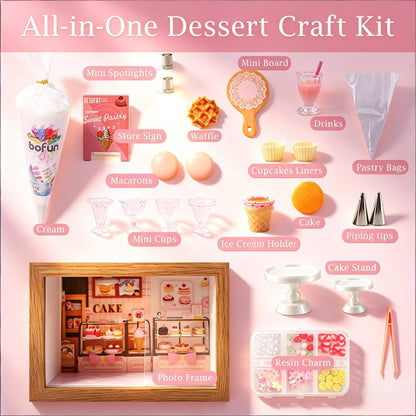 BoFUN Miniature Dessert Craft Kit, DIY No-Bake Mini Food Set with Display Frame for Teens & Adults - Ideal for Dollhouse Decor, Fake Cake & Ice Cream Making