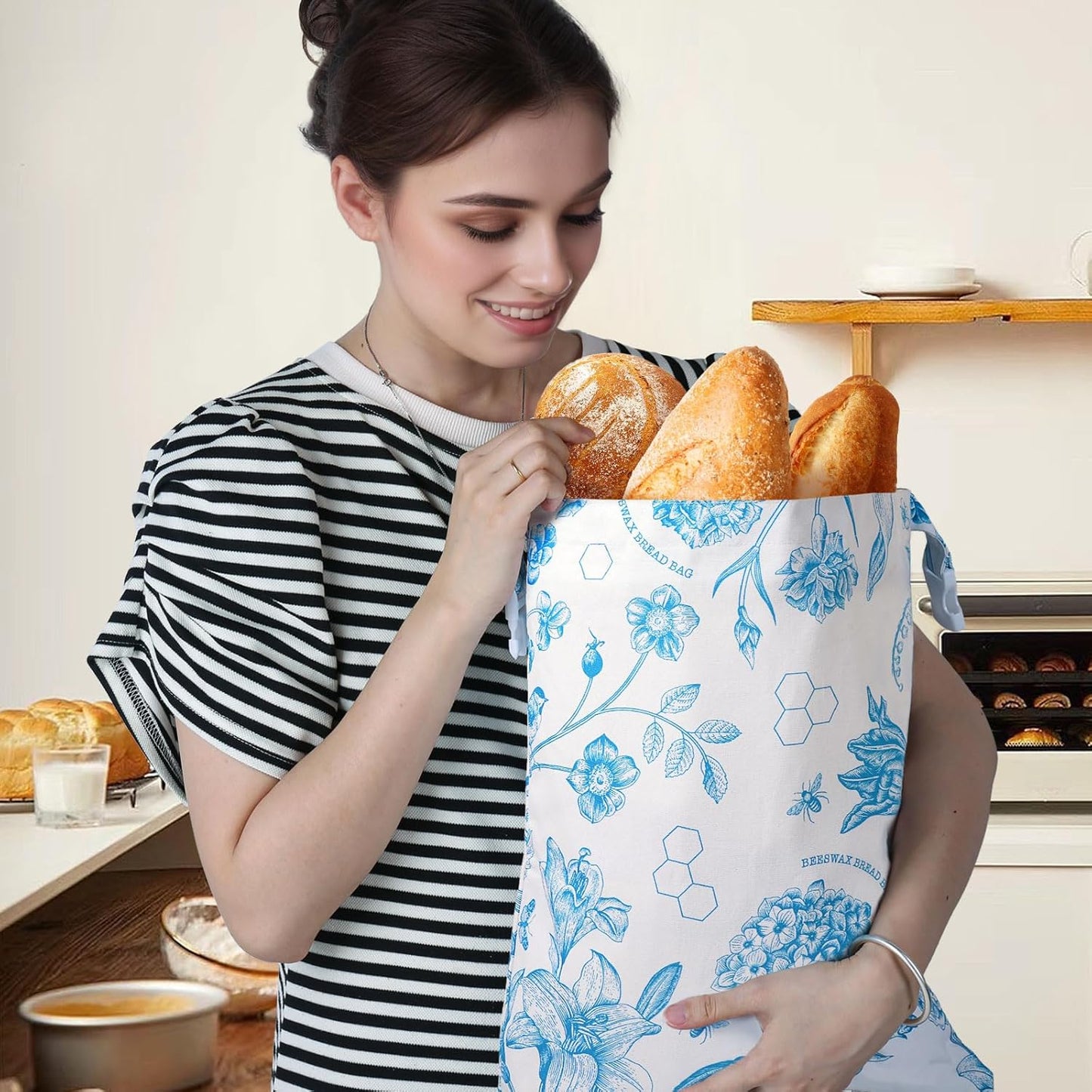 Yolysudo 2 Pack 17''x 13" Reusable Vintage Floral Beeswax Bread Bags for Sourdough, Large Beeswax-Lined Cotton Homemade