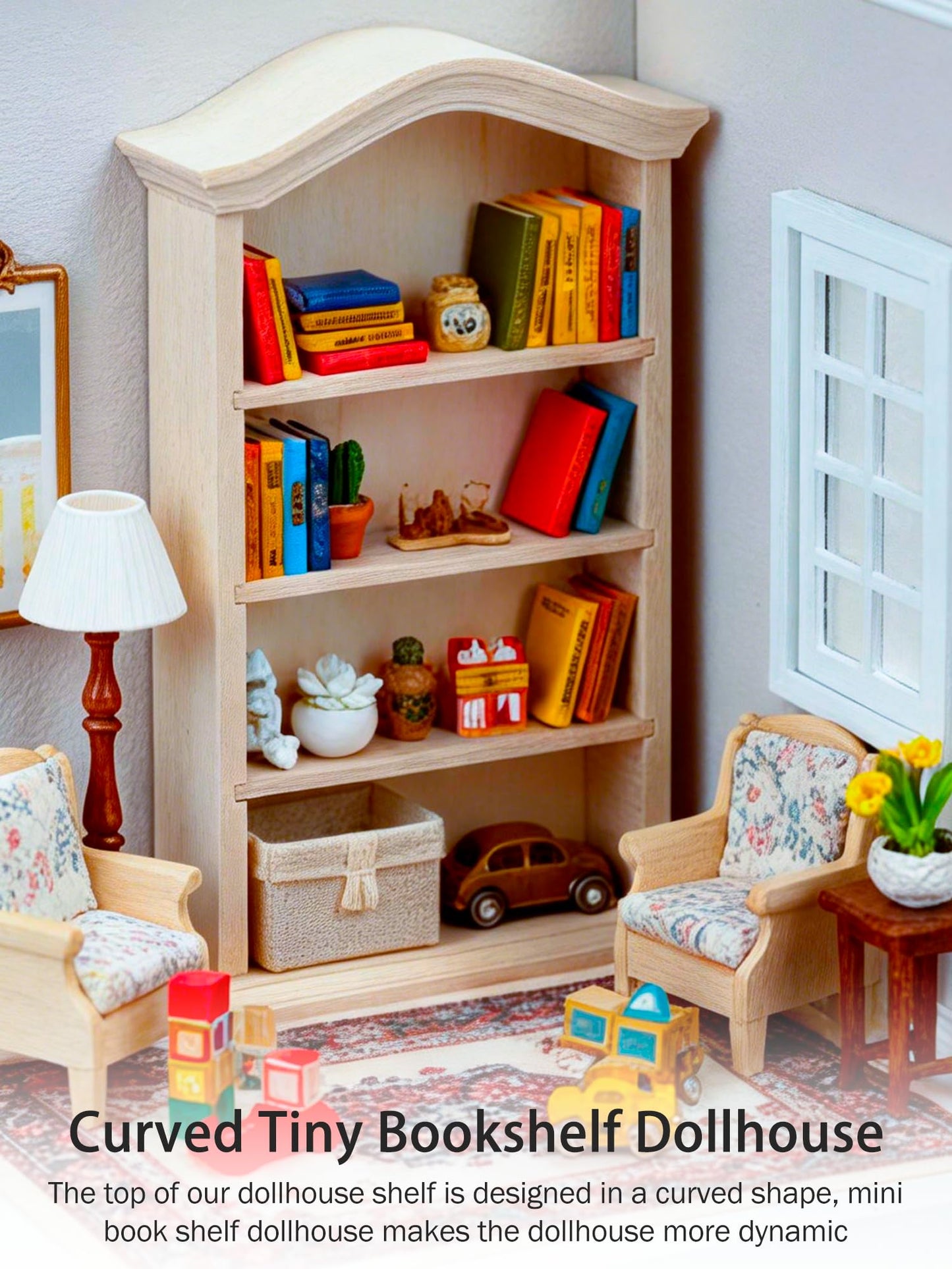 KooingTech Mini Bookshelf, Dollhouse Bookshelf for Mini Books, 1:12 Miniature Bookshelf of Miniature Dollhouse Furniture, Wooden Doll House Book Shelf, Dollhouse Bookcase Wood Color (1)
