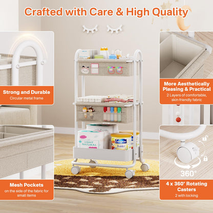 Modanais Baby Diaper Caddy Organizer Cart - 3 Tier Rolling Storage Cart with Wheels, Baby Essentials Nursery Storage, Detachable Dividers - for Crib, Bedroom, Art & Craft Organizer (Off White)