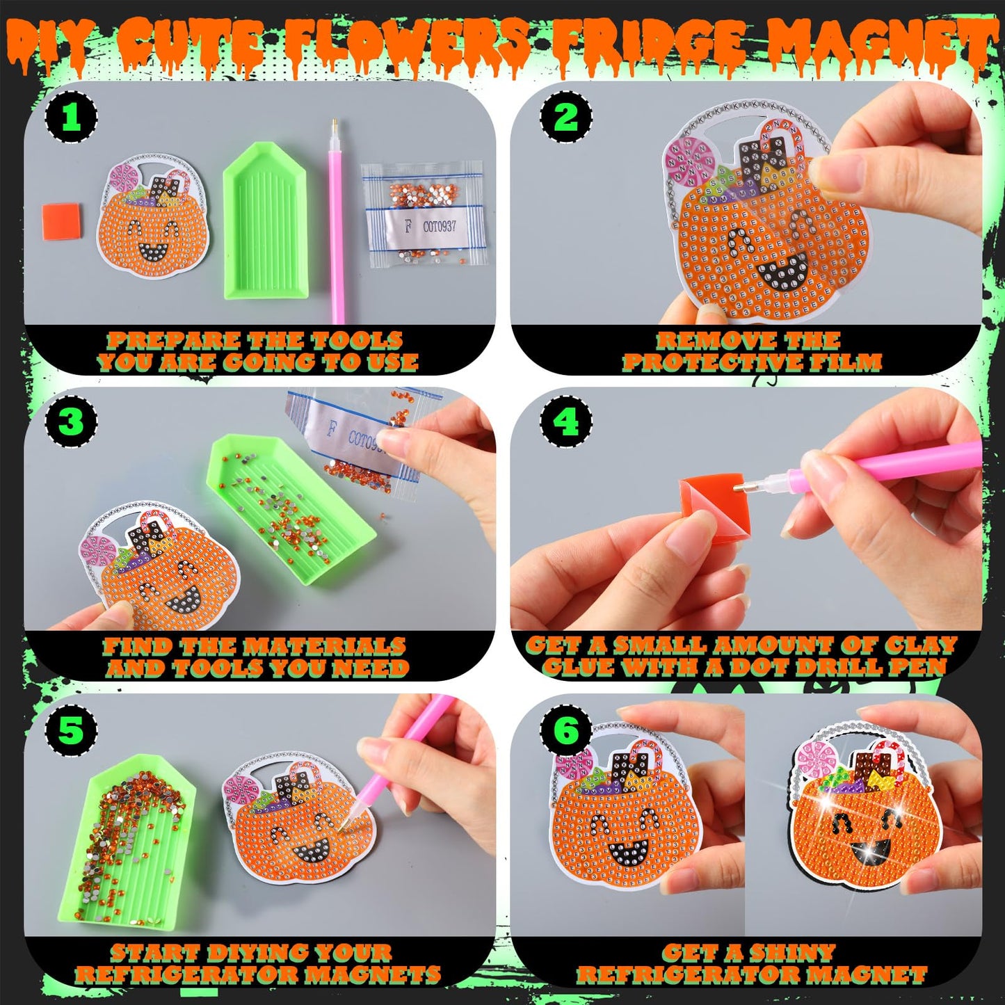 Motipuns 30 Pcs Luminous Halloween Diamond Painting Magnets Kits Glow in The Dark Diamond Art Fridge Magnet Refrigerator Sticker for Beginners Kid Adults Home Decors DIY Art Craft Gifts
